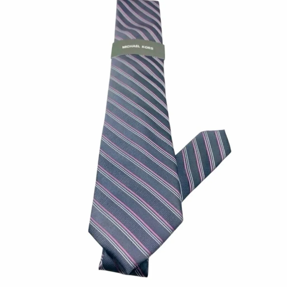 NWT Michael Kors 100% Silk Grey/Pink/White Striped Elegant Neck Tie